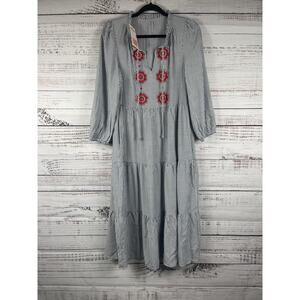 New Collection Dress Womens Small Blue Stripe Embroidered Floral Boho Swing Maxi